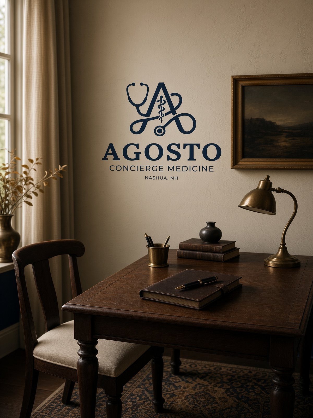A private study with the Agosto Concierge Medicine mark painted on the plaster, a walnut desk, leather journal, and window light.